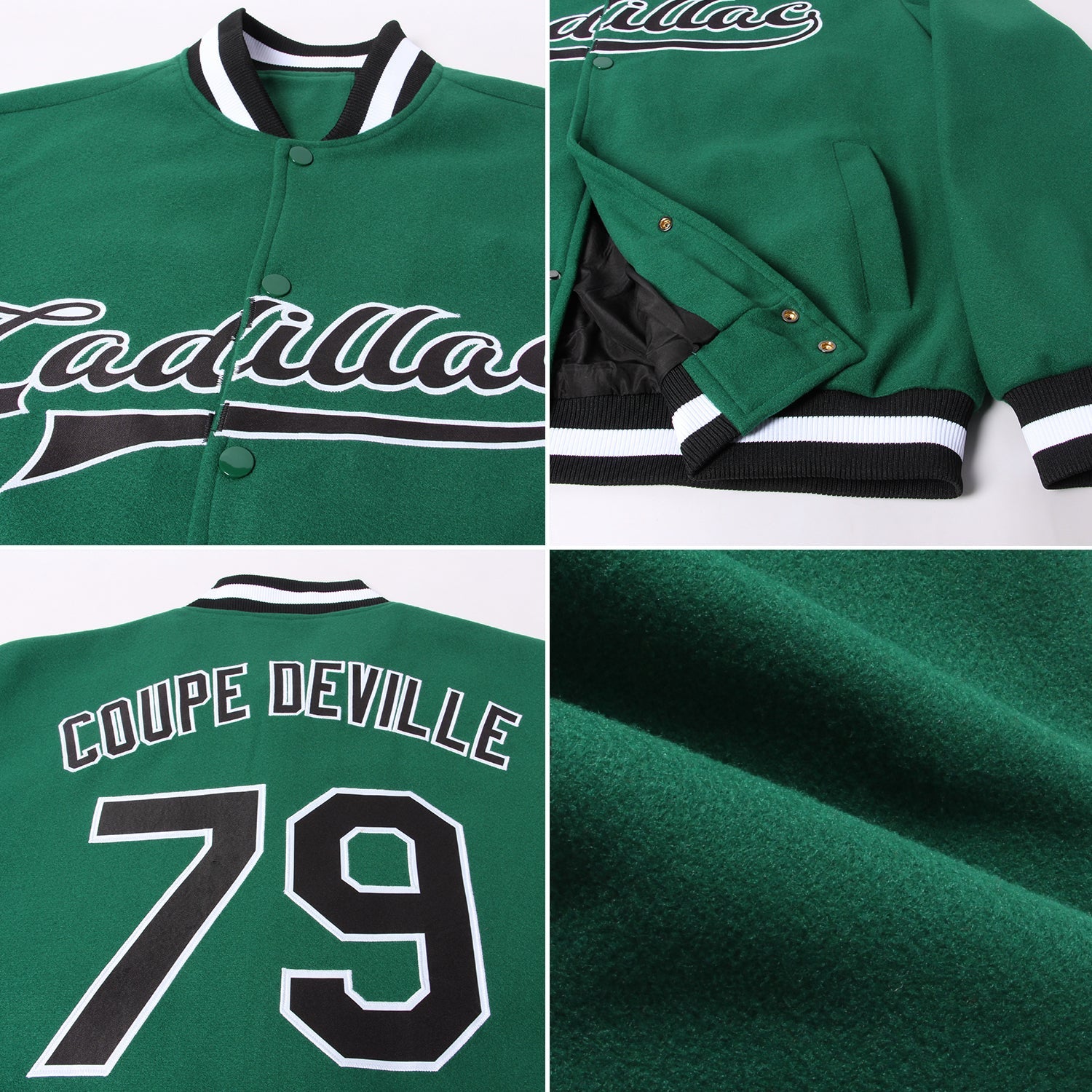 Custom Kelly Green Black-White Bomber Full-Snap Varsity Letterman Jacket view 4