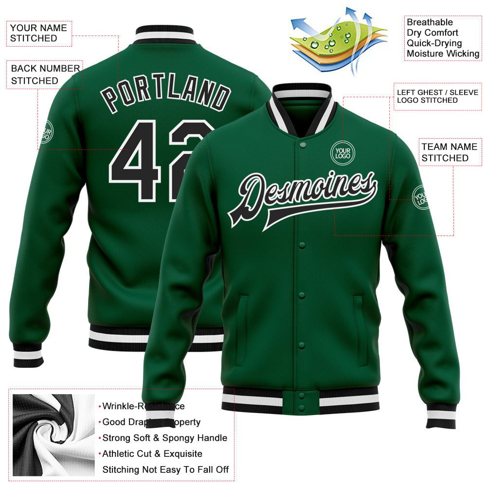 Custom Kelly Green Black-White Bomber Full-Snap Varsity Letterman Jacket view 5