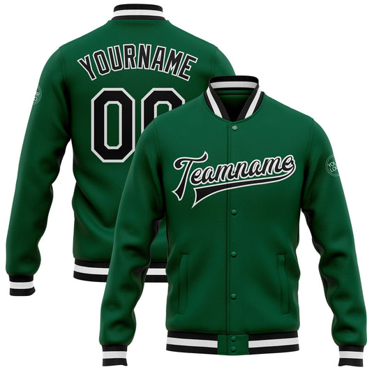 Custom Kelly Green Black-White Bomber Full-Snap Varsity Letterman Jacket - Main View