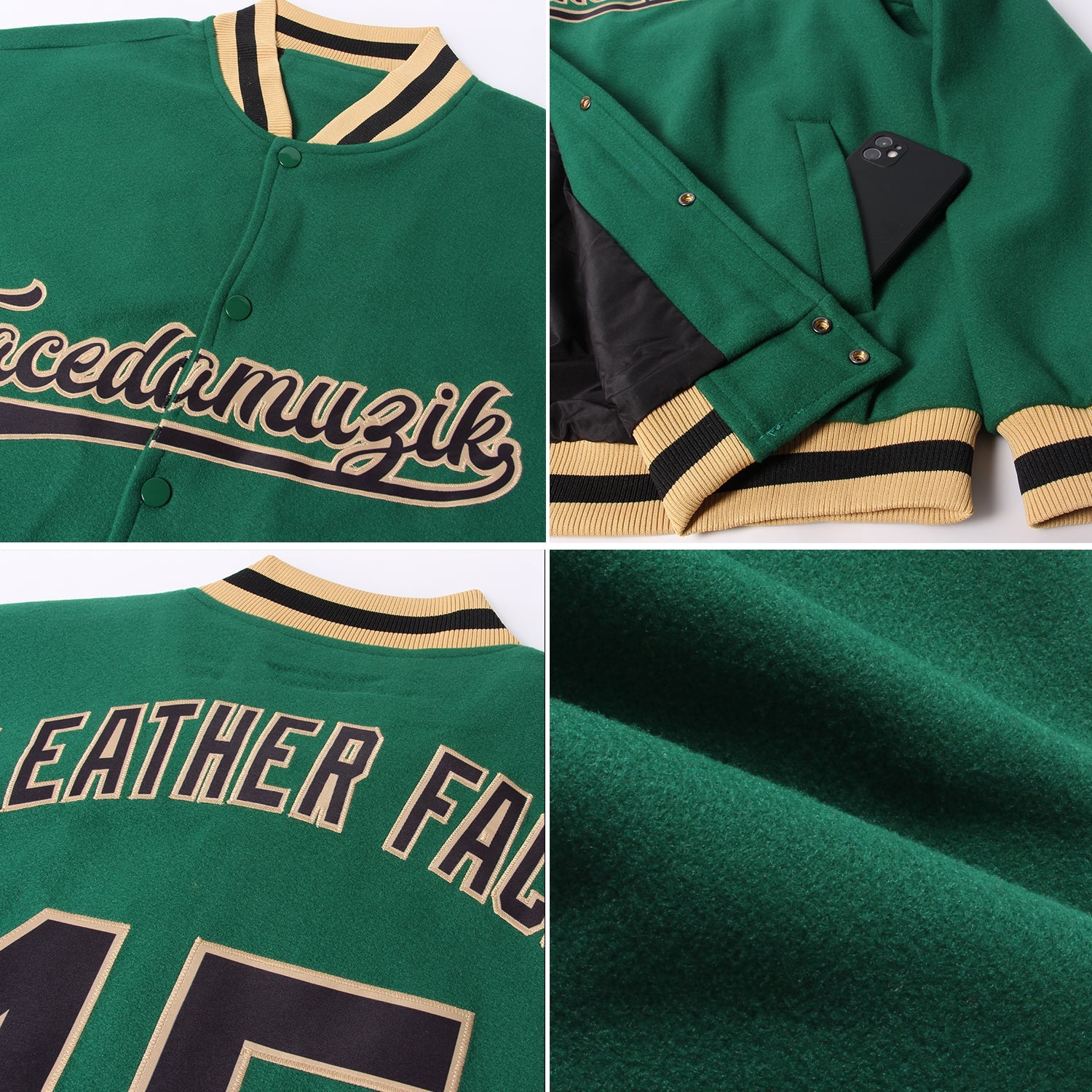 Custom Kelly Green Black-Old Gold Bomber Full-Snap Varsity Letterman Jacket view 4