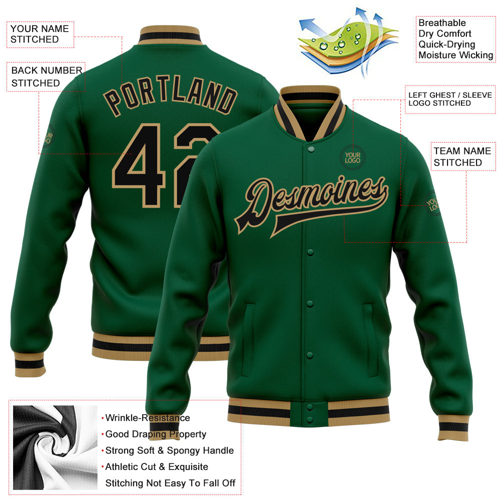 Custom Kelly Green Black-Old Gold Bomber Full-Snap Varsity Letterman Jacket view 5