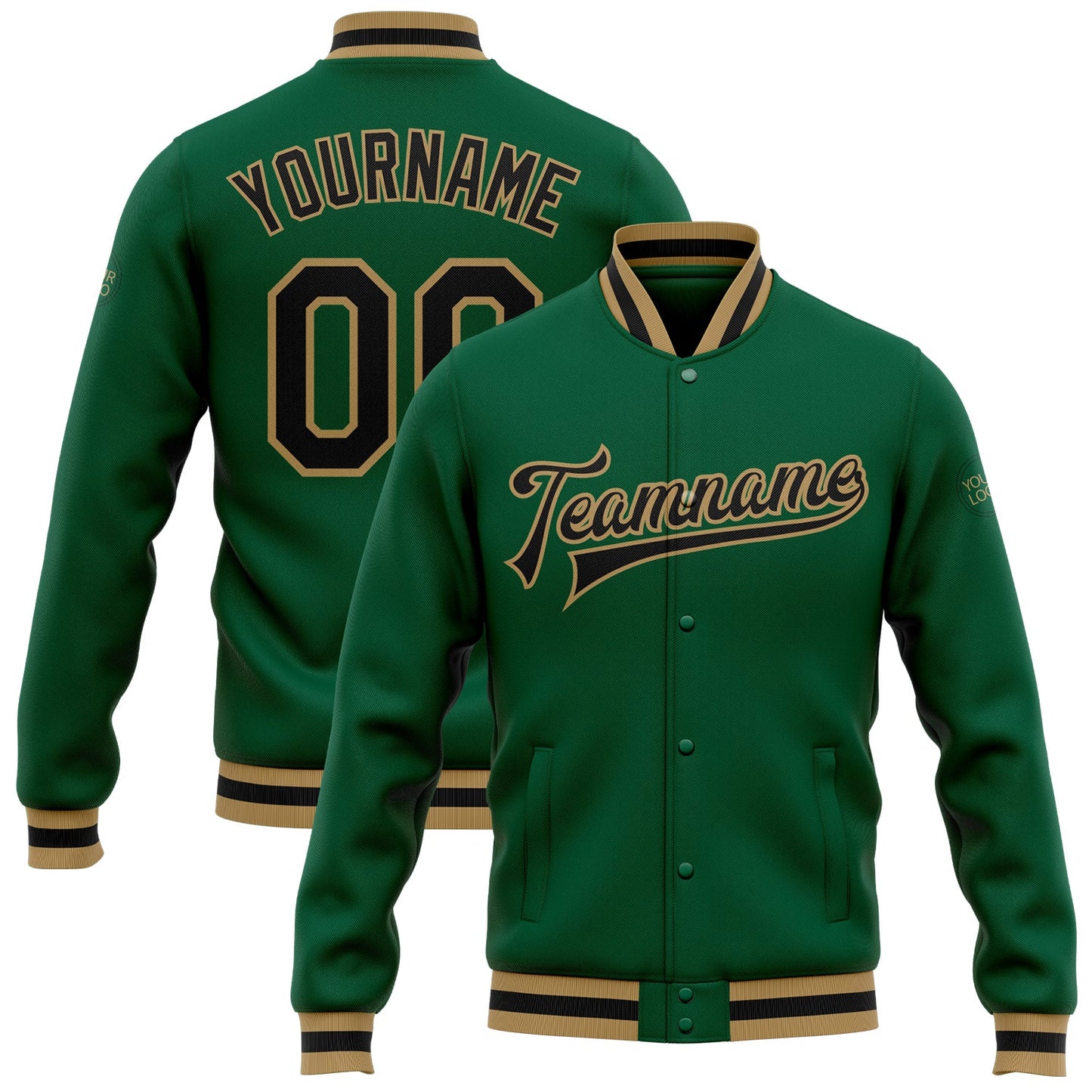 Custom Kelly Green Black-Old Gold Bomber Full-Snap Varsity Letterman Jacket - Main View