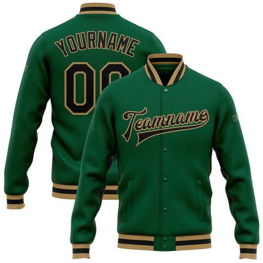Custom Kelly Green Black-Old Gold Bomber Full-Snap Varsity Letterman Jacket - Main View