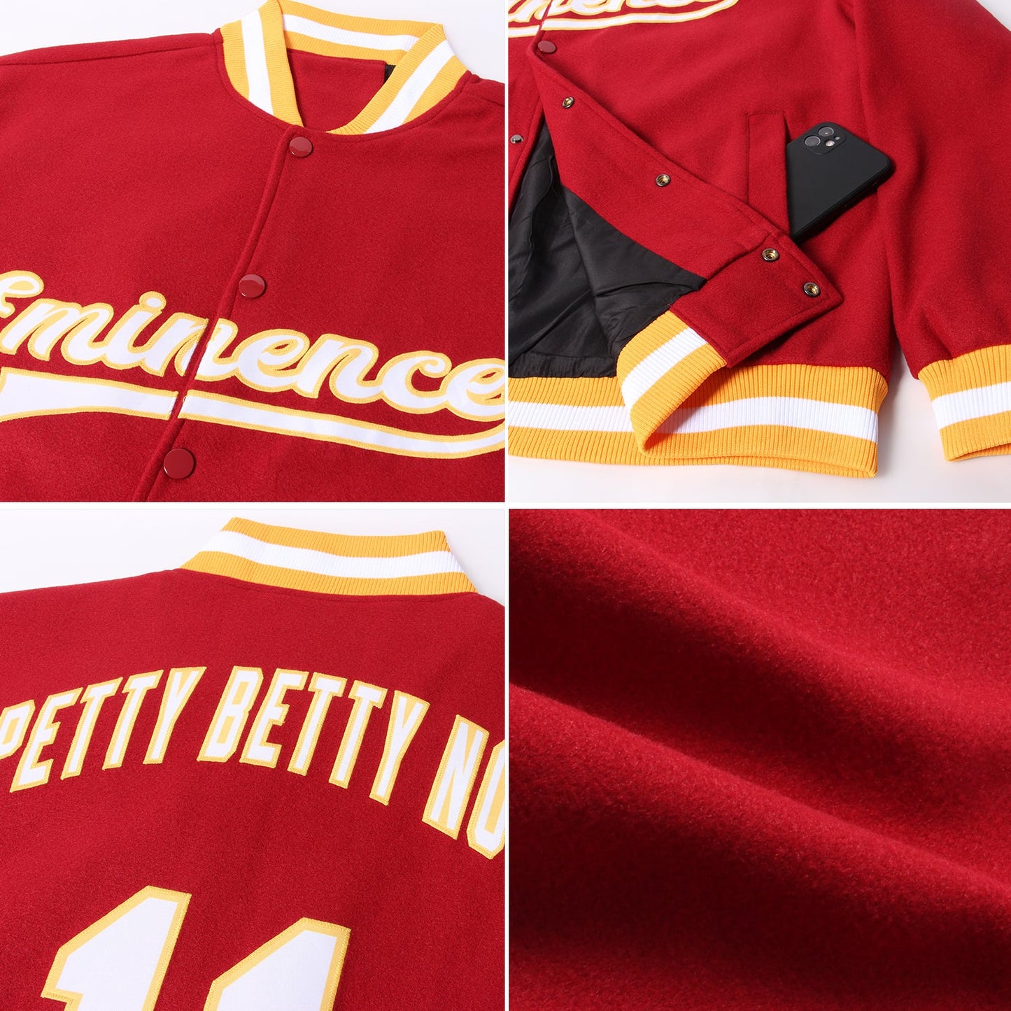 Custom Crimson White-Gold Bomber Full-Snap Varsity Letterman Jacket view 4