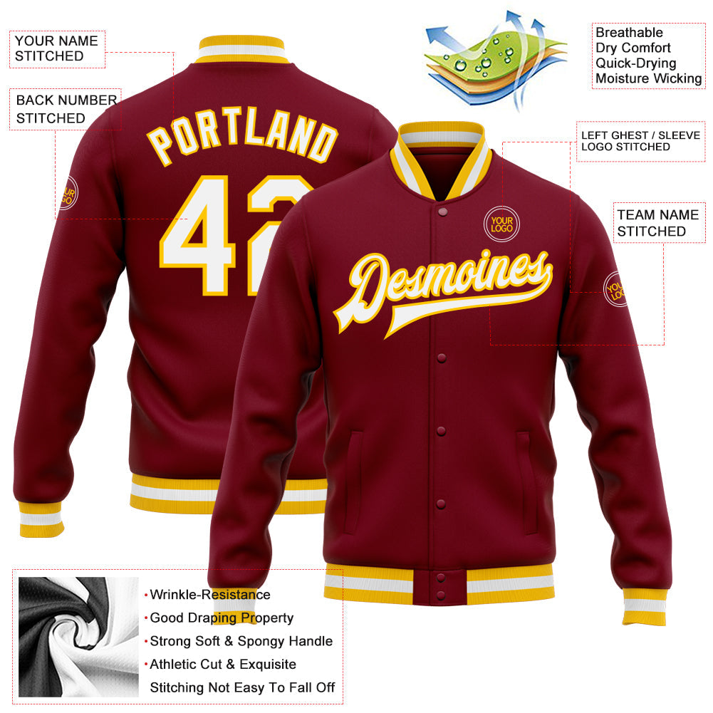 Custom Crimson White-Gold Bomber Full-Snap Varsity Letterman Jacket view 5