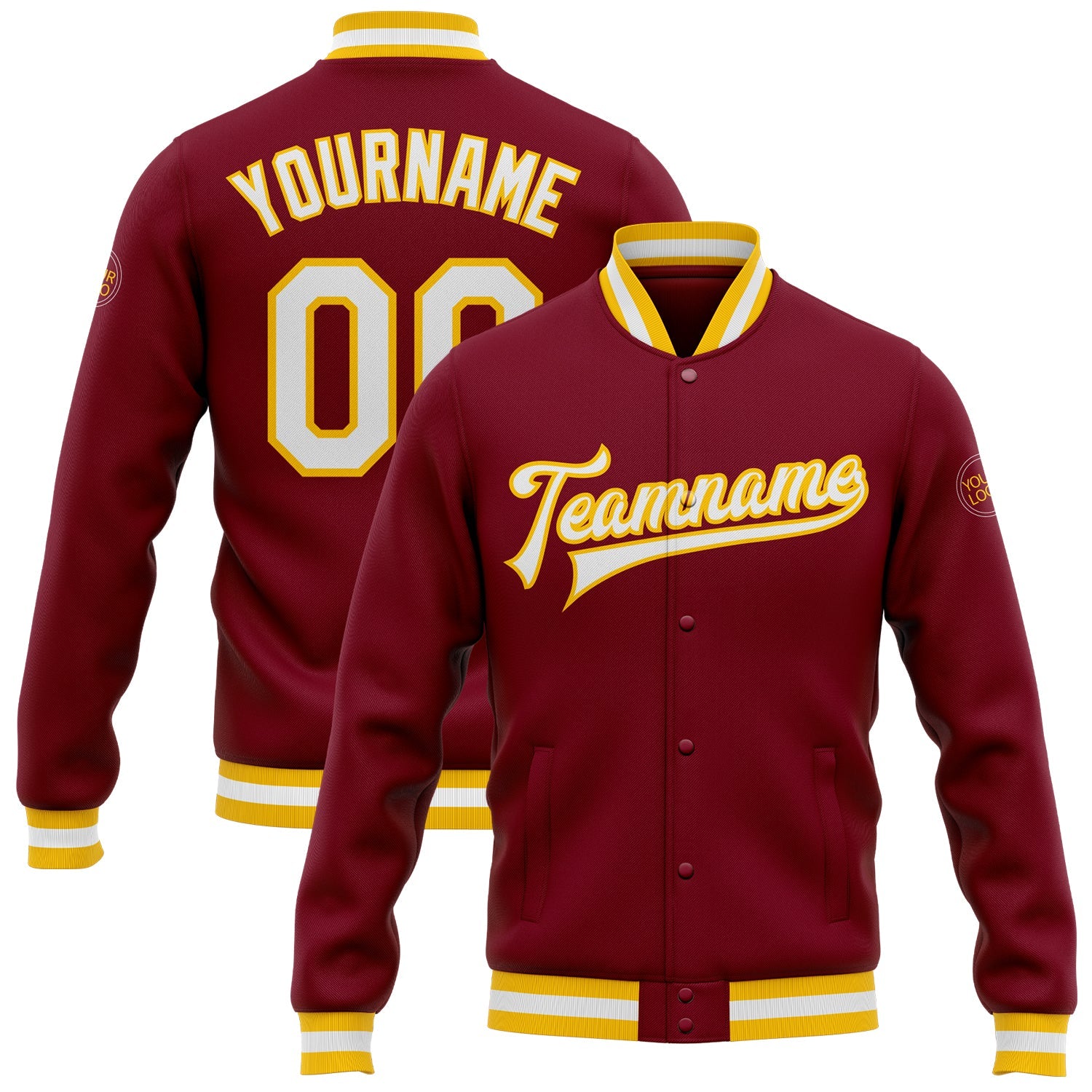 Custom Crimson White-Gold Bomber Full-Snap Varsity Letterman Jacket - Main View