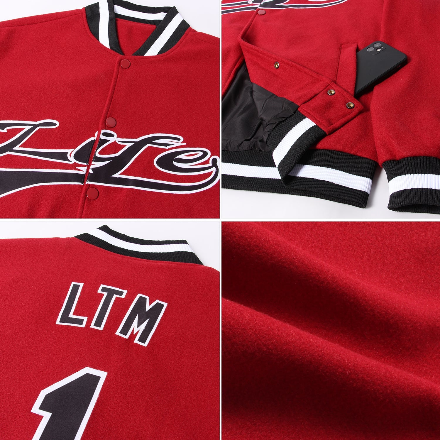 Custom Crimson Black-White Bomber Full-Snap Varsity Letterman Jacket view 4