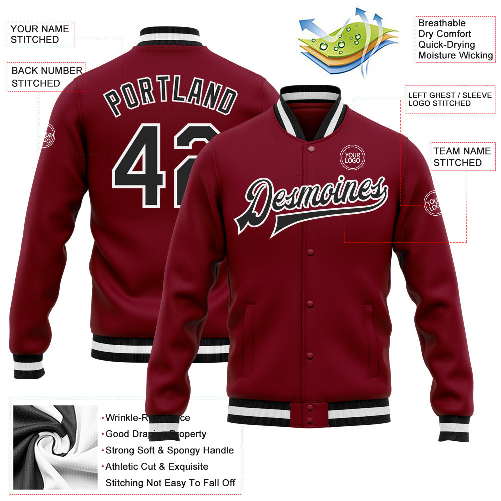 Custom Crimson Black-White Bomber Full-Snap Varsity Letterman Jacket view 5