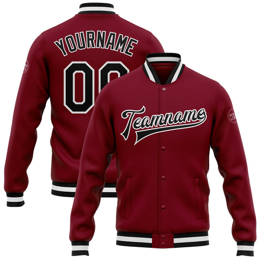 Custom Crimson Black-White Bomber Full-Snap Varsity Letterman Jacket - Main View