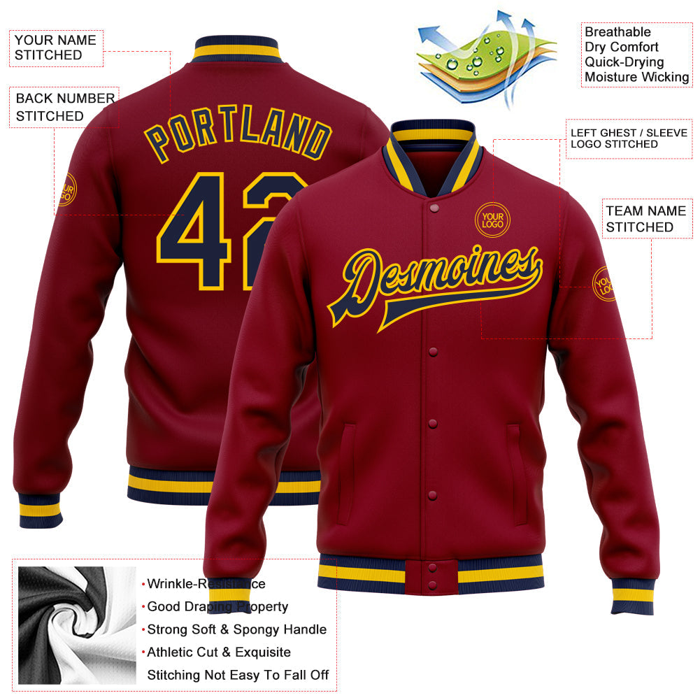 Custom Crimson Navy-Gold Bomber Full-Snap Varsity Letterman Jacket view 5