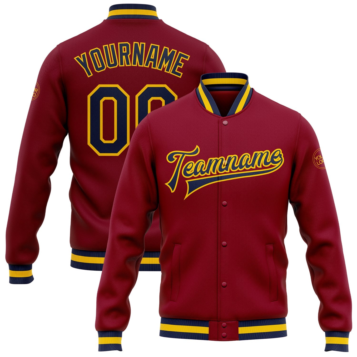 Custom Crimson Navy-Gold Bomber Full-Snap Varsity Letterman Jacket - Main View