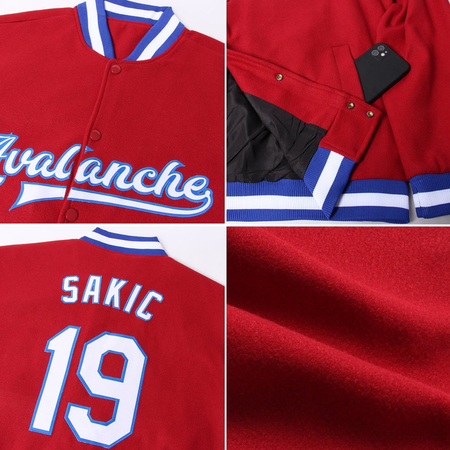 Custom Crimson White-Royal Bomber Full-Snap Varsity Letterman Jacket view 4