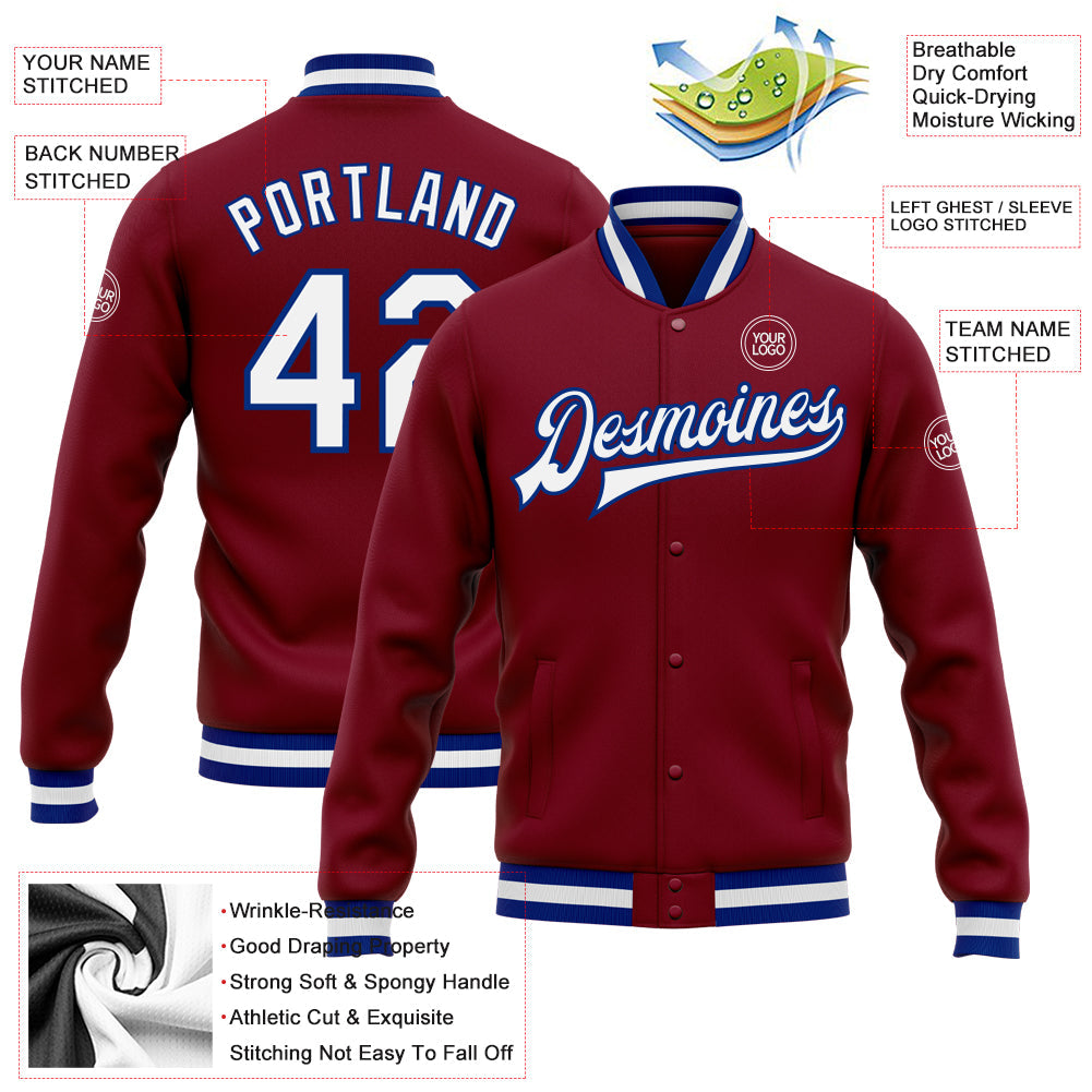 Custom Crimson White-Royal Bomber Full-Snap Varsity Letterman Jacket view 5
