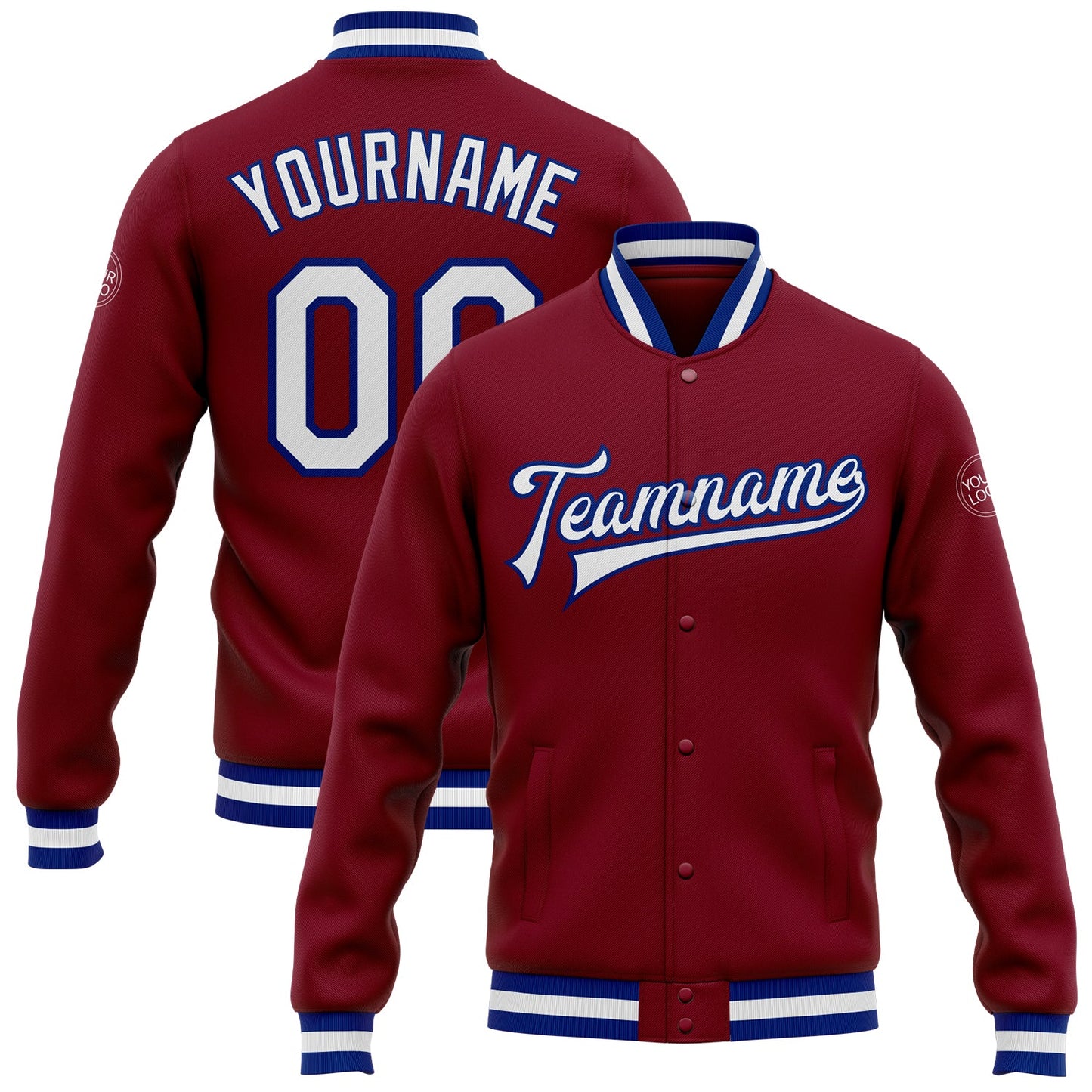 Custom Crimson White-Royal Bomber Full-Snap Varsity Letterman Jacket - Main View