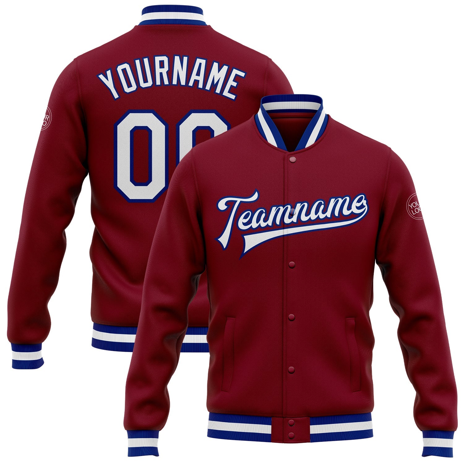 Custom Crimson White-Royal Bomber Full-Snap Varsity Letterman Jacket - Main View