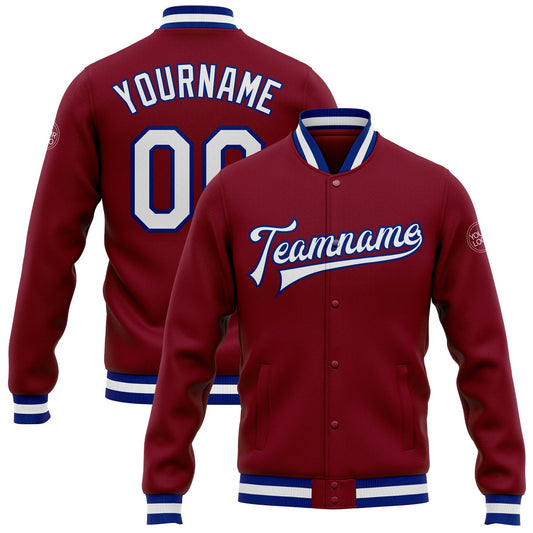 Custom Crimson White-Royal Bomber Full-Snap Varsity Letterman Jacket - Main View