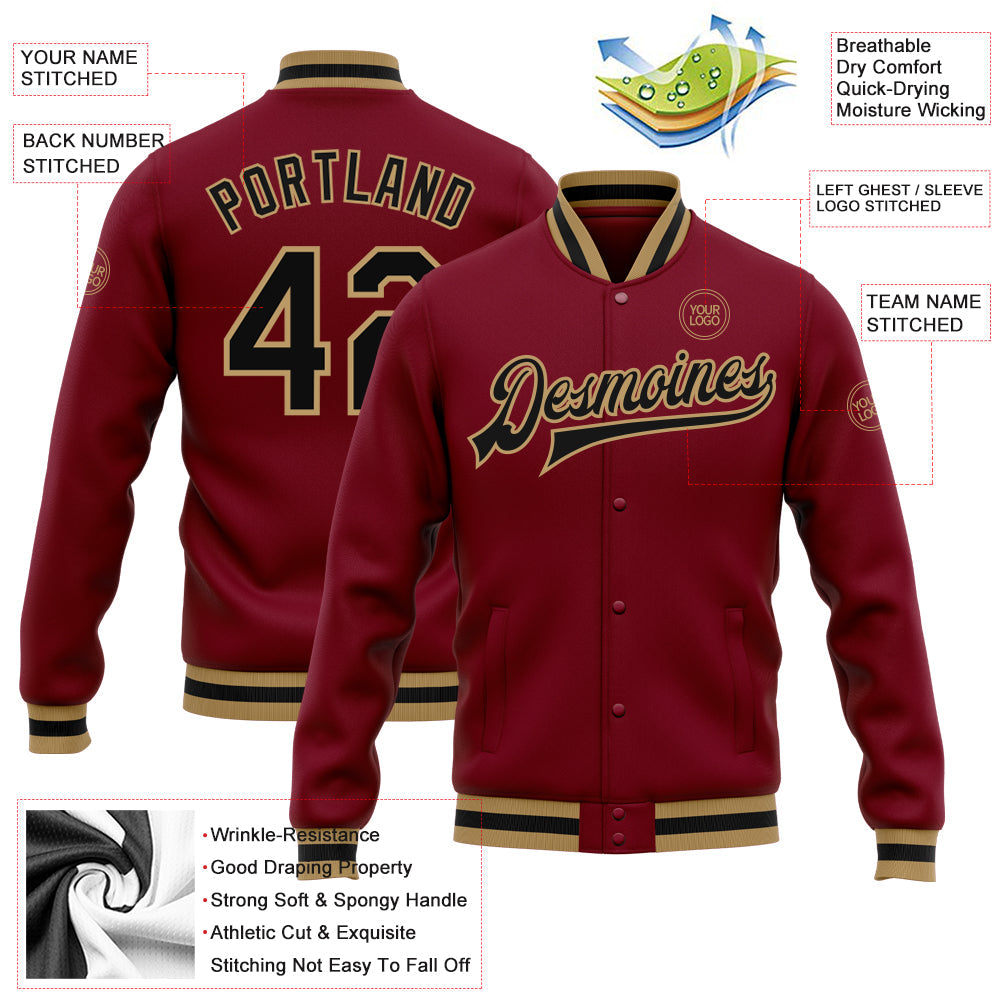 Custom Crimson Black-Old Gold Bomber Full-Snap Varsity Letterman Jacket view 5