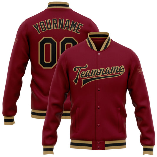 Custom Crimson Black-Old Gold Bomber Full-Snap Varsity Letterman Jacket - Main View