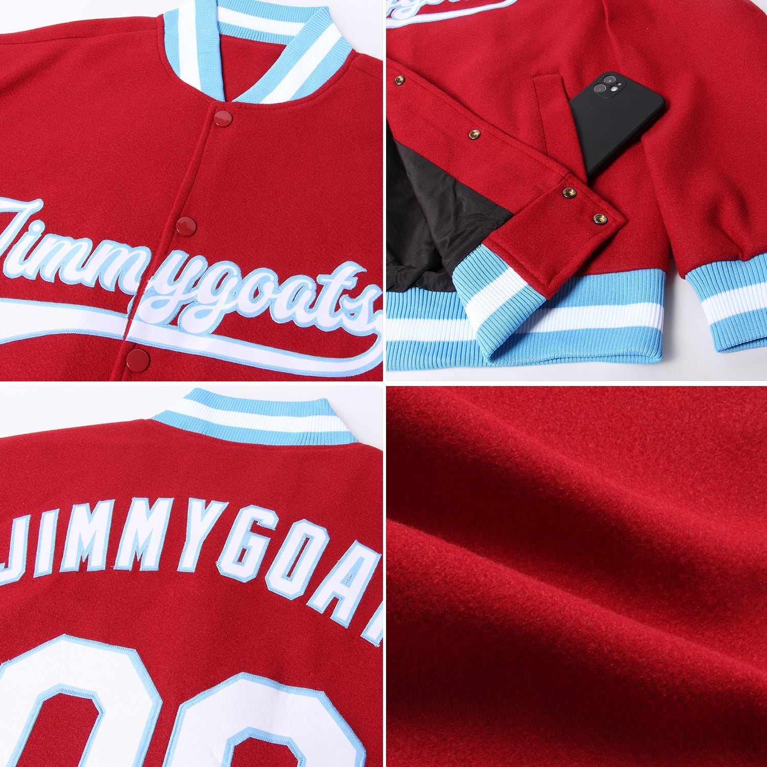 Custom Crimson White-Light Blue Bomber Full-Snap Varsity Letterman Jacket view 4