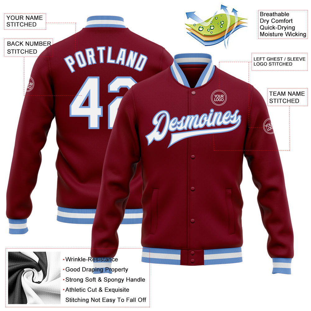 Custom Crimson White-Light Blue Bomber Full-Snap Varsity Letterman Jacket view 5