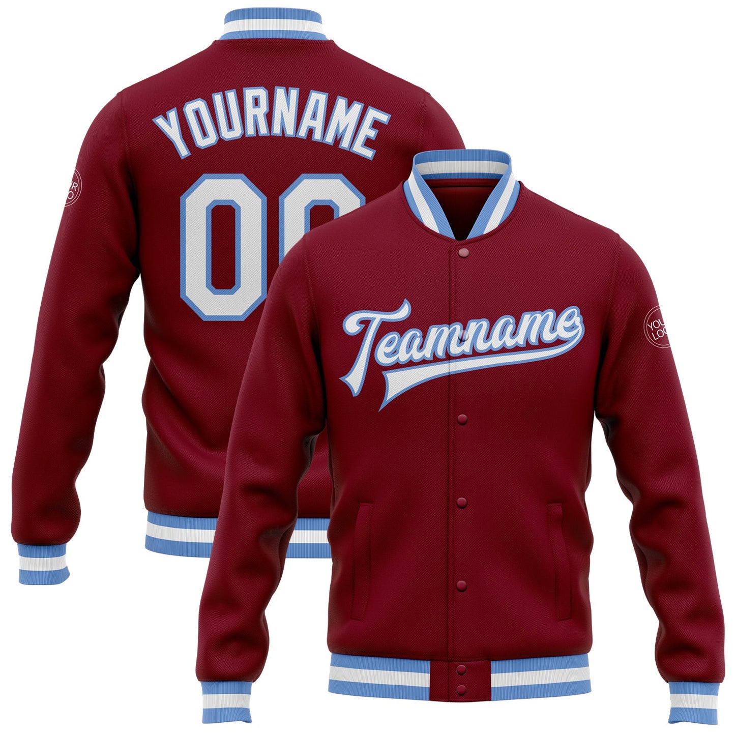 Custom Crimson White-Light Blue Bomber Full-Snap Varsity Letterman Jacket - Main View