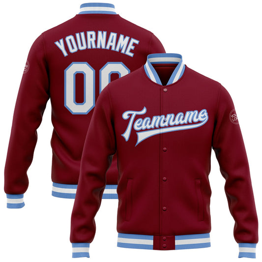 Custom Crimson White-Light Blue Bomber Full-Snap Varsity Letterman Jacket - Main View