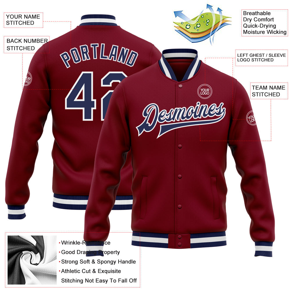 Custom Crimson Navy-White Bomber Full-Snap Varsity Letterman Jacket view 5