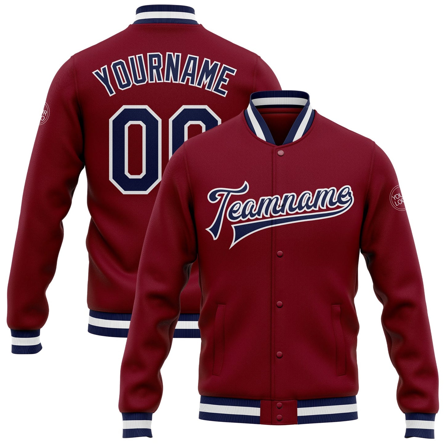 Custom Crimson Navy-White Bomber Full-Snap Varsity Letterman Jacket - Main View