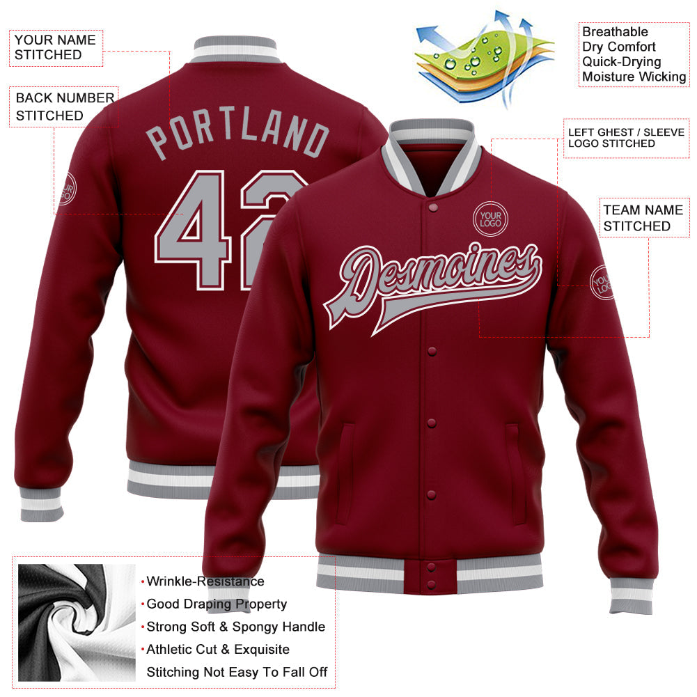 Custom Crimson Gray-White Bomber Full-Snap Varsity Letterman Jacket view 5