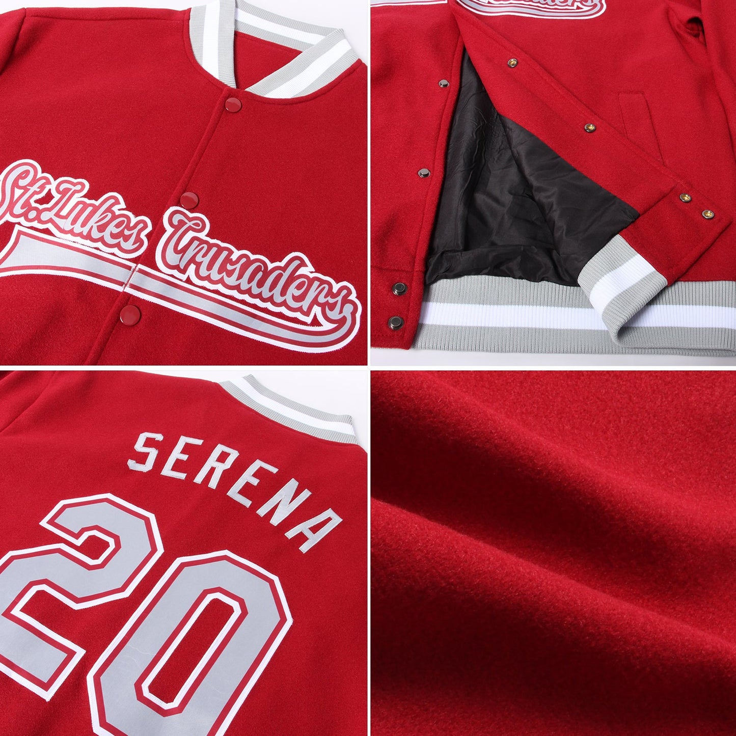 Custom Crimson Gray-White Bomber Full-Snap Varsity Letterman Jacket view 4