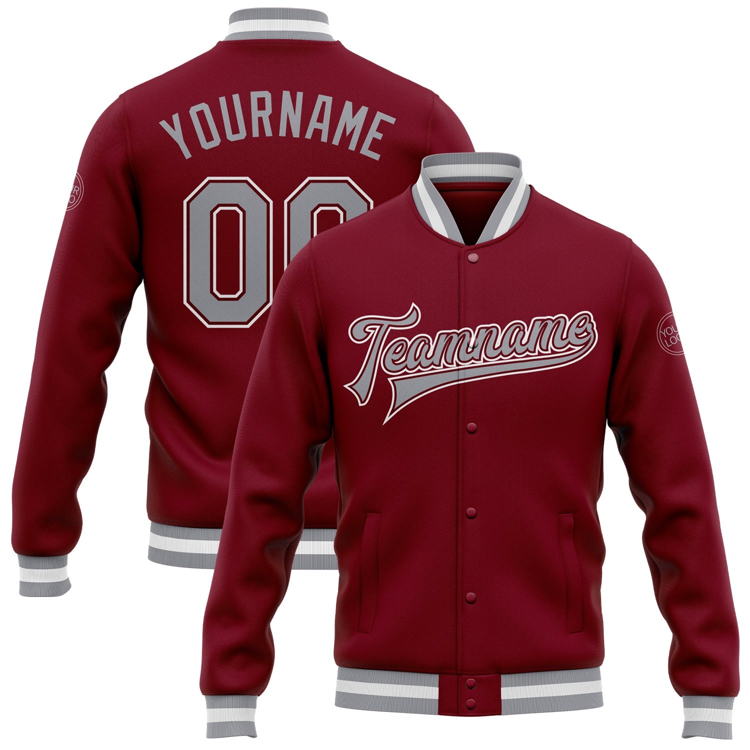 Custom Crimson Gray-White Bomber Full-Snap Varsity Letterman Jacket - Main View