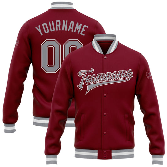 Custom Crimson Gray-White Bomber Full-Snap Varsity Letterman Jacket - Main View