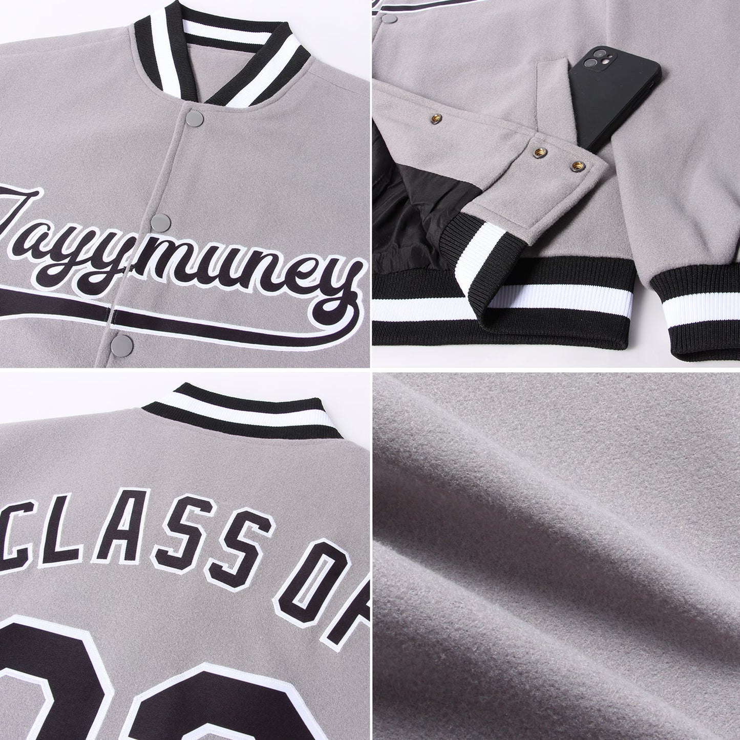 Custom Gray Black-White Bomber Full-Snap Varsity Letterman Jacket view 4