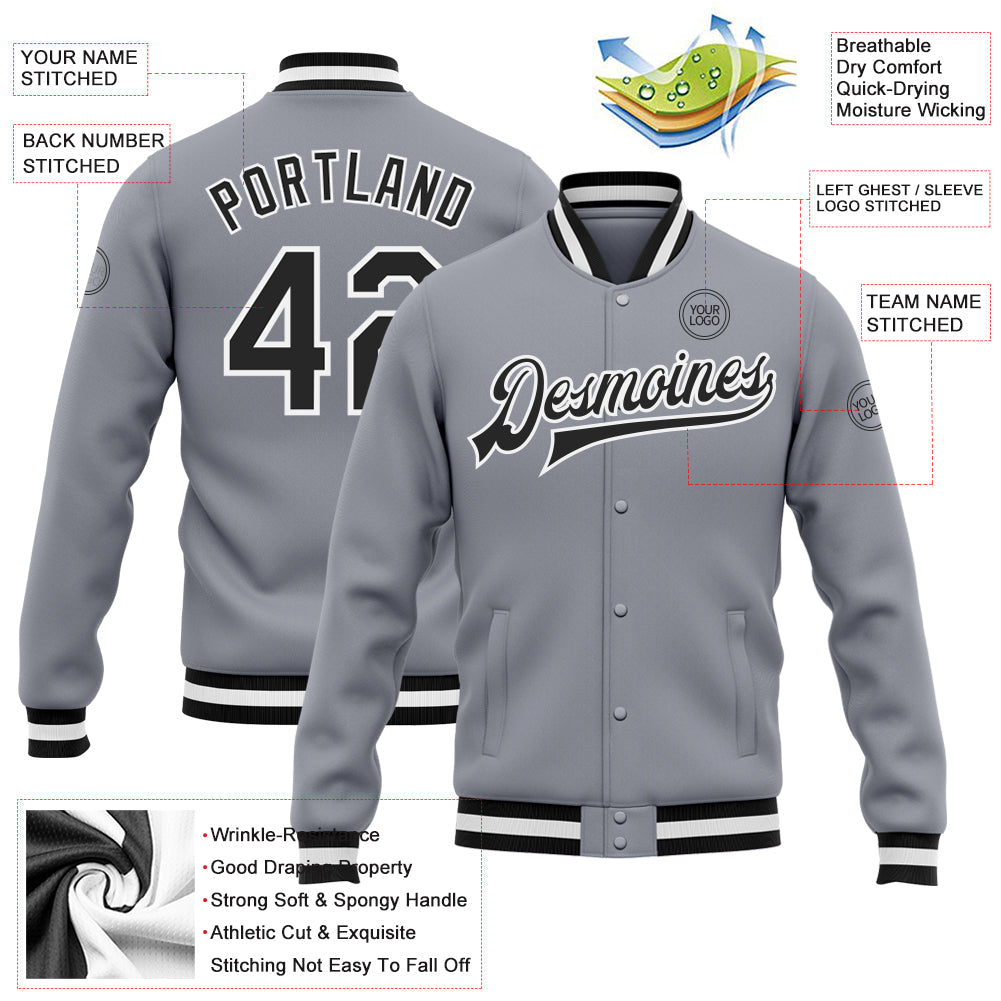 Custom Gray Black-White Bomber Full-Snap Varsity Letterman Jacket view 5