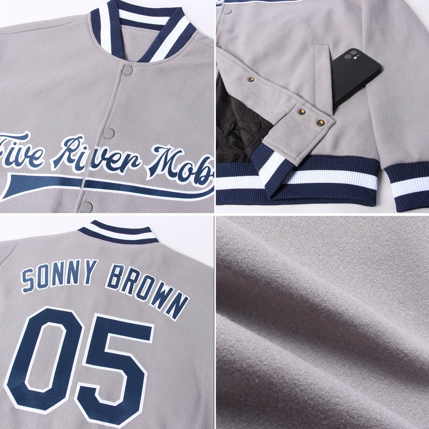 Custom Gray Navy-White Bomber Full-Snap Varsity Letterman Jacket view 4