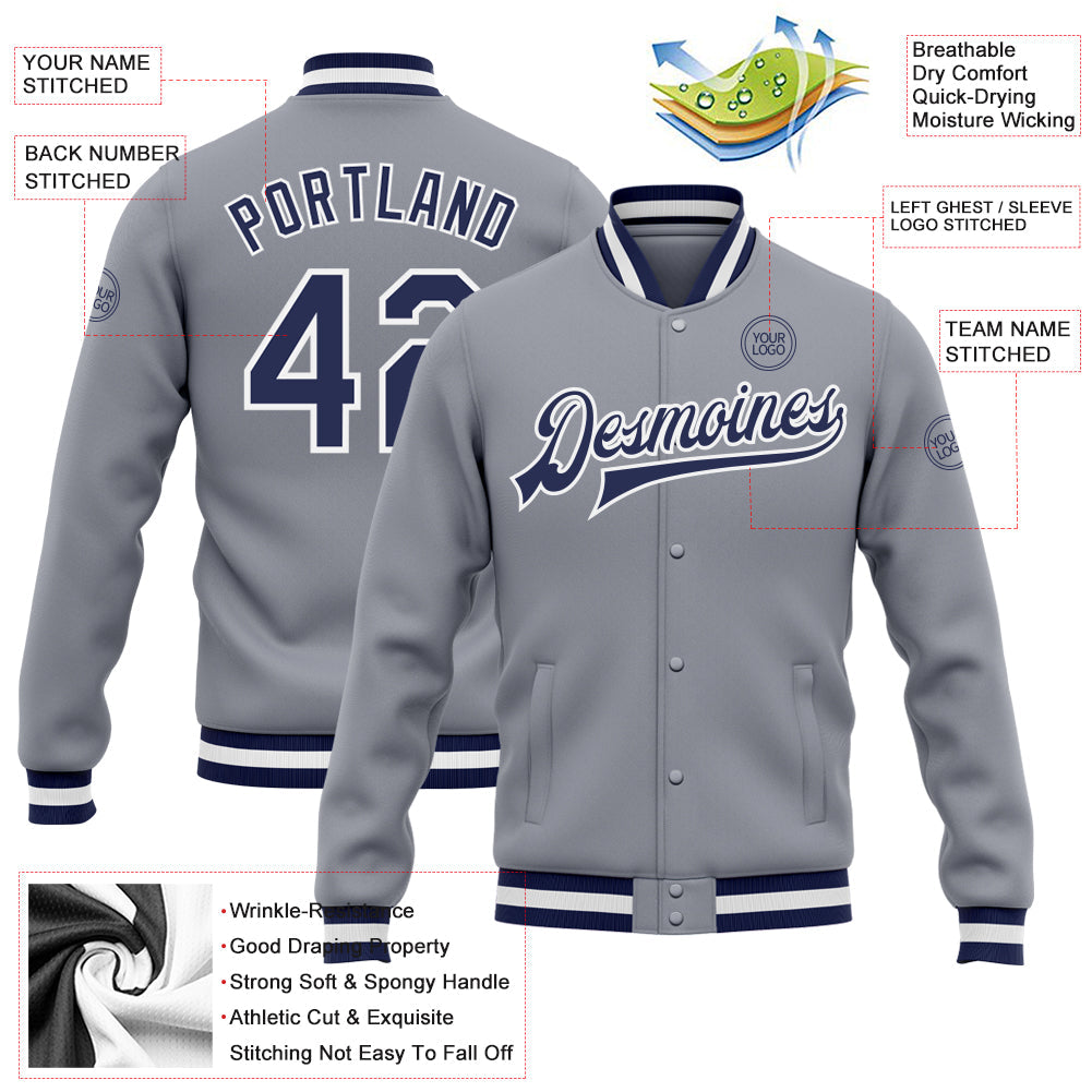 Custom Gray Navy-White Bomber Full-Snap Varsity Letterman Jacket view 5