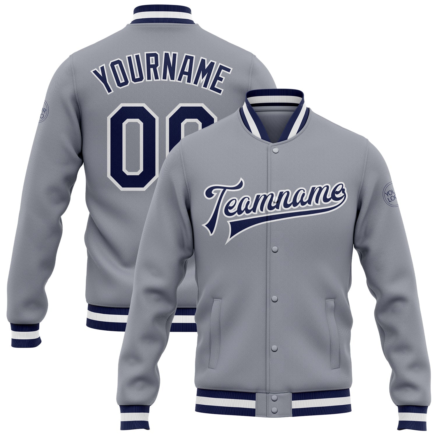 Custom Gray Navy-White Bomber Full-Snap Varsity Letterman Jacket - Main View