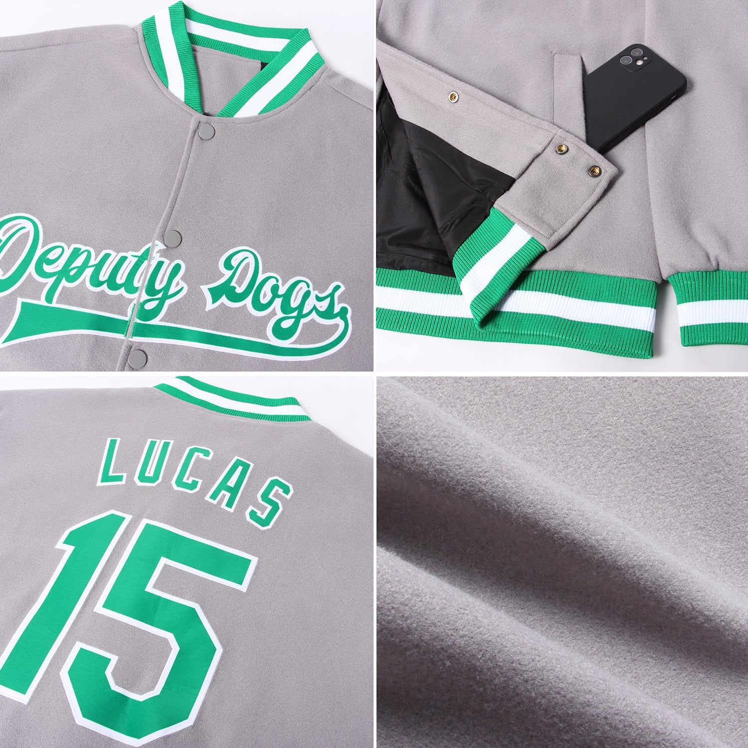 Custom Gray Kelly Green-White Bomber Full-Snap Varsity Letterman Jacket view 4