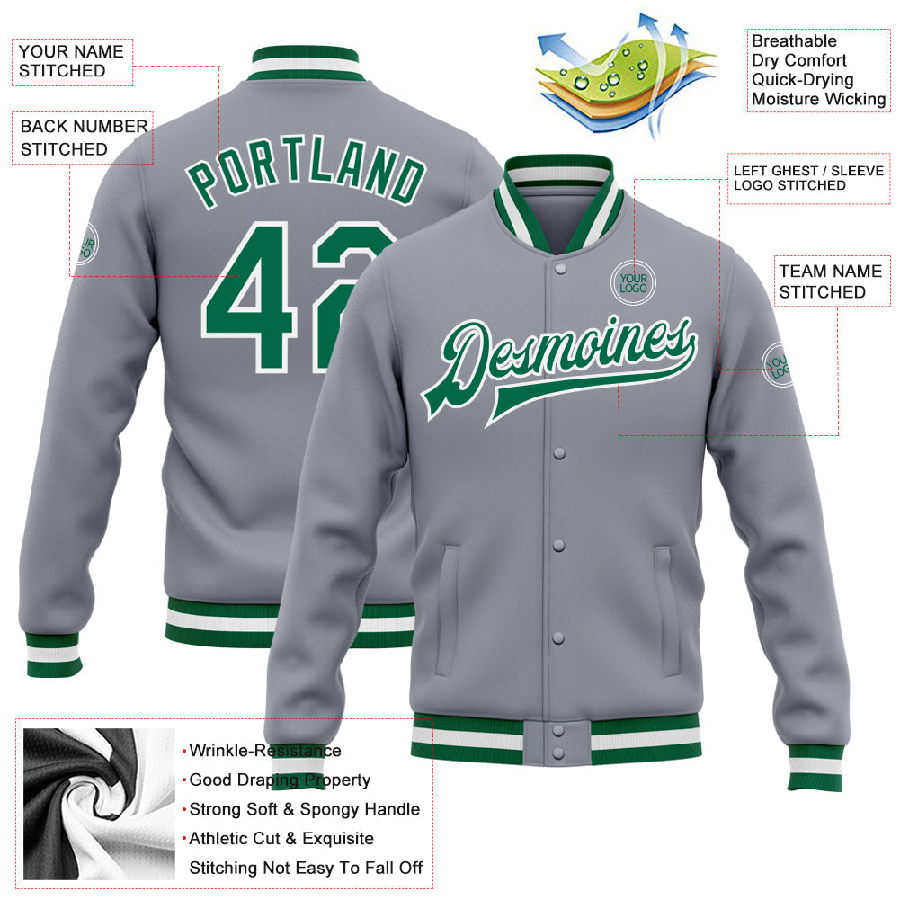Custom Gray Kelly Green-White Bomber Full-Snap Varsity Letterman Jacket view 5