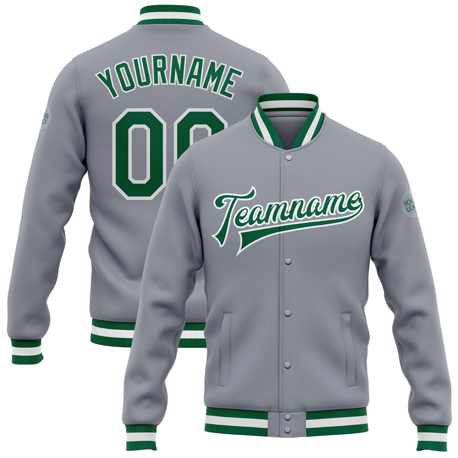 Custom Gray Kelly Green-White Bomber Full-Snap Varsity Letterman Jacket - Main View