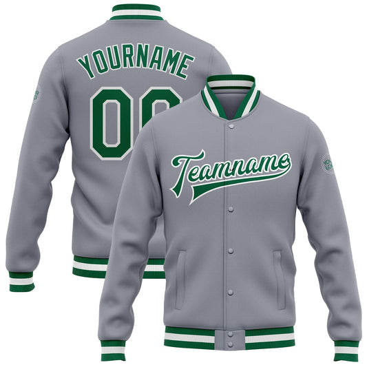 Custom Gray Kelly Green-White Bomber Full-Snap Varsity Letterman Jacket - Main View