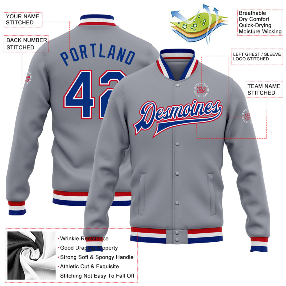 Custom Gray Royal White-Red Bomber Full-Snap Varsity Letterman Jacket view 5