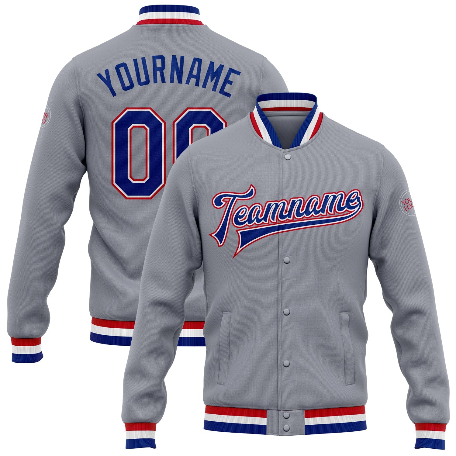 Custom Gray Royal White-Red Bomber Full-Snap Varsity Letterman Jacket - Main View