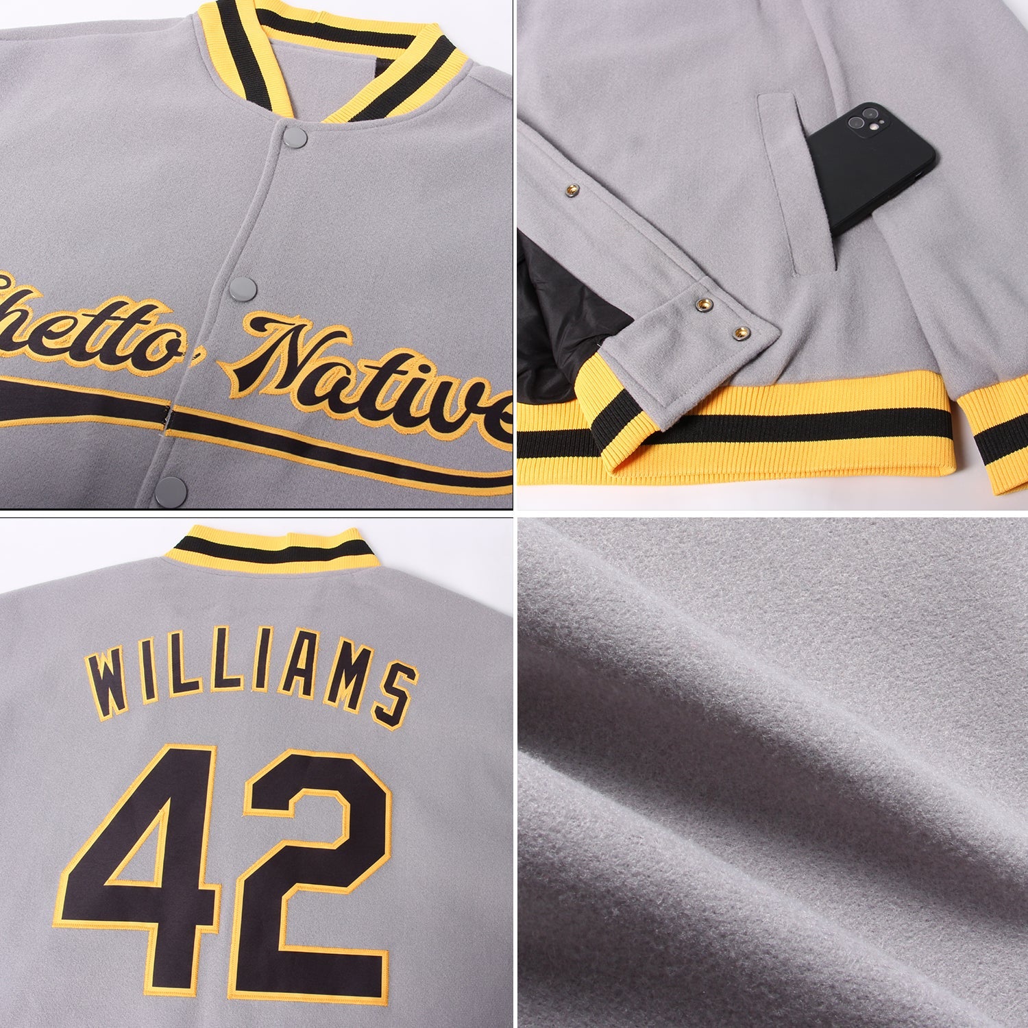 Custom Gray Black-Gold Bomber Full-Snap Varsity Letterman Jacket view 4