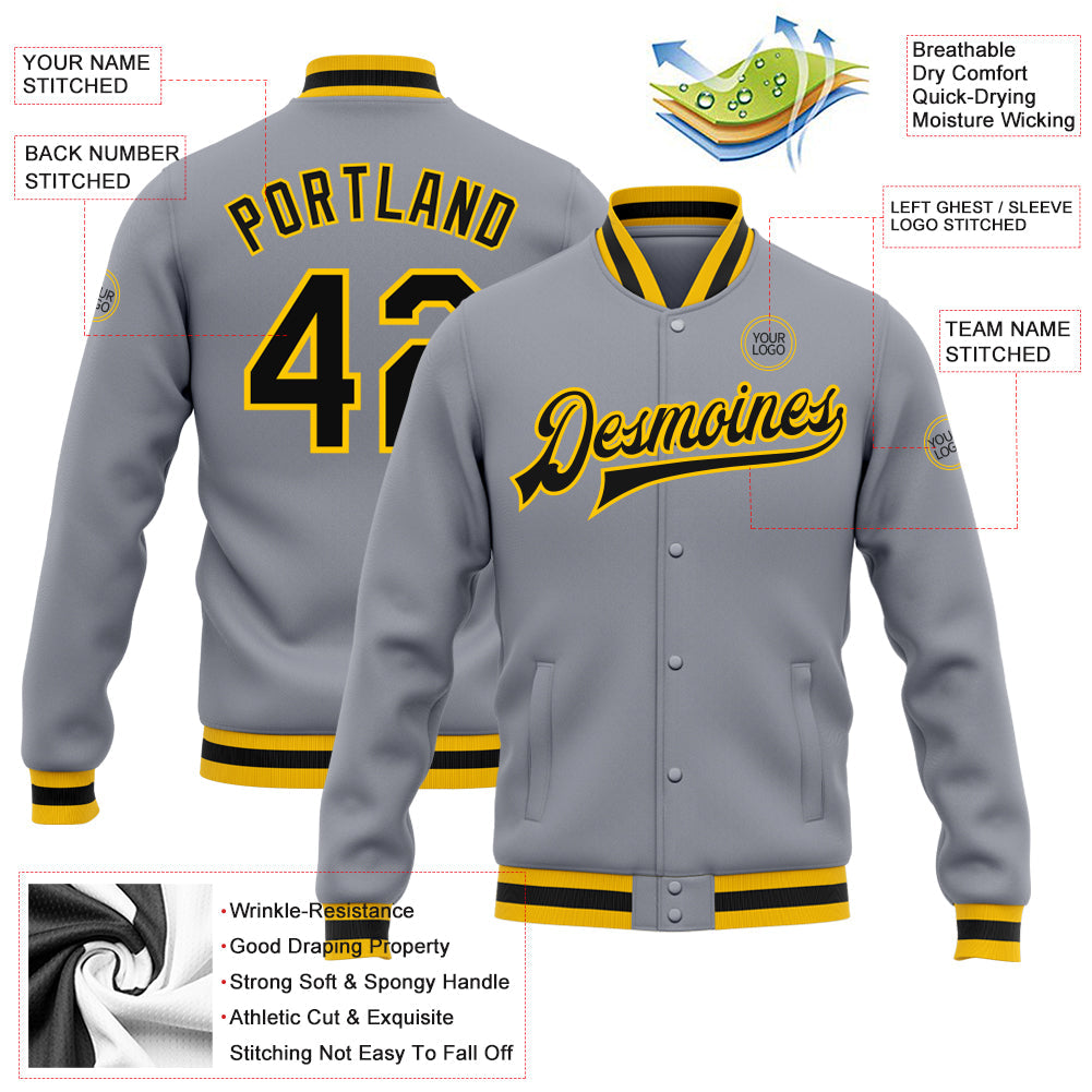 Custom Gray Black-Gold Bomber Full-Snap Varsity Letterman Jacket view 5