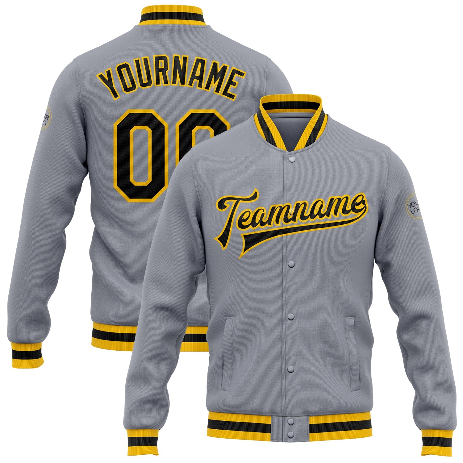 Custom Gray Black-Gold Bomber Full-Snap Varsity Letterman Jacket - Main View
