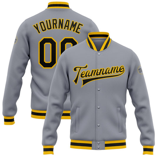 Custom Gray Black-Gold Bomber Full-Snap Varsity Letterman Jacket - Main View