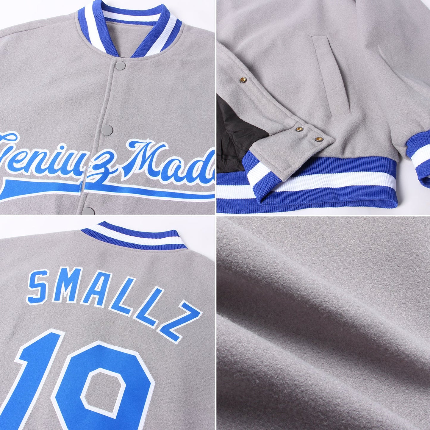 Custom Gray Royal-White Bomber Full-Snap Varsity Letterman Jacket view 4