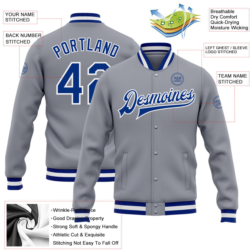 Custom Gray Royal-White Bomber Full-Snap Varsity Letterman Jacket view 5