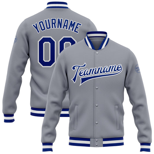 Custom Gray Royal-White Bomber Full-Snap Varsity Letterman Jacket - Main View